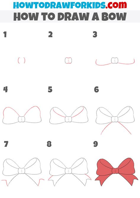 How to Draw a Bow - Easy Drawing Tutorial For Kids How To Draw A Bow On A Present, How To Paint A Bow On Canvas, Draw A Bow Easy, Ribbon Drawing Tutorial, How To Draw Bows Ribbons, Bow Drawing Tutorial, Easy Bow Drawing, How To Draw A Bow Step By Step, How To Draw A Ribbon