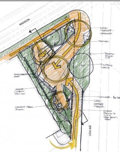 Design sketches give glimpse of new park at 19th and Madison | Central District News Public Park Design, Interactive Walls, Sensory Garden, Desain Lanskap, Landscape Sketch, Park Landscape, Wall Seating, Architecture Drawing Art, Parking Design