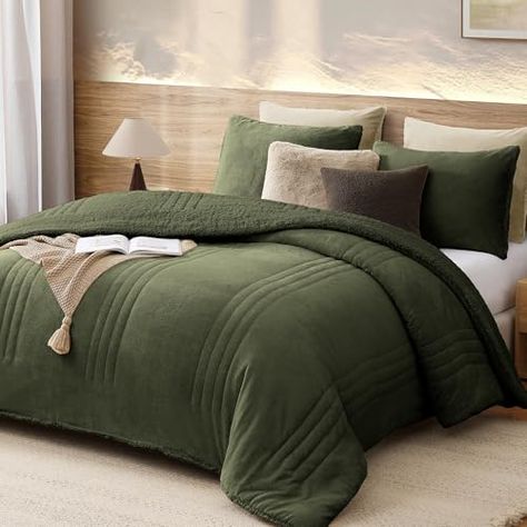 Monbix Fluffy King Comforter Set – 3 Piece Cozy Sherpa Comforter King Size Olive Green, Winter Warm Fleece Bedding Set, Winter Fuzzy Bed Set, 1 Comforter with 2 Pillow Shams Olive Green Bedroom Decor Ideas, Green Bedroom Comforter Ideas, Green King Bed, Green And Gray Bedding, Green And Gray Bedroom, Earth Tone Bedding, Olive Green Home Decor, Sherpa Comforter, Brown Bedding