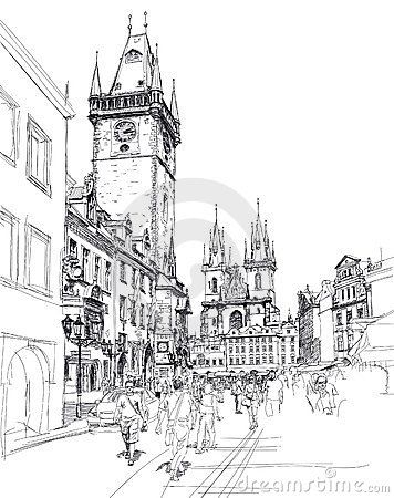 Old Town Square, Prague. Sketch Royalty Free Stock Photo - Image: 22858185 Bridge Sketch, Square Drawing, Prague Old Town, Brick Art, Building Sketch, Architecture Landmark, Old Town Square, Vector Sketch, Building Art