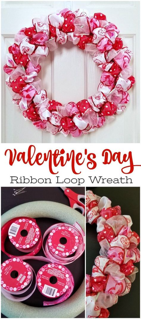 Valentine's Day Ribbon Loop Wreath collage with finished ribbon loop wreath and supplies #ribbonwreath #valentinesdaywreath #redwreath Valentine Wreath Craft, Ribbon Wreath Diy, Couronne Diy, Pinterest Valentines, Roses Valentine, Saint Valentin Diy, Diy Valentines Day Wreath, Valentine Wreath Diy, Valentines Bricolage