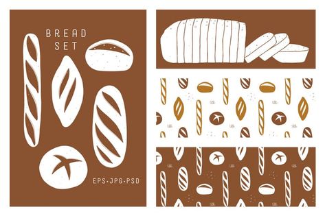 Please click and enlarge the previews What can be better than the smell of freshly baked bread? Welcome bakery illustration set with seamless backgrounds. You will get:  8 bread shapes 2 seamless patterns   Bread set is available in EPS and PSD format complemented by high-res JPG files.  Please contact me if you have any questions Bread Illustration Design, Bread Nutella, Bread Pattern, Bread Illustration, Bread Logo, Macaroon Box, Bread Brands, Bakery Branding, Bread Shaping