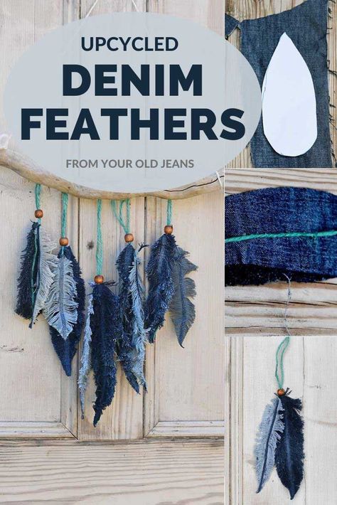 Denim Feathers, Återvinna Jeans, Artisanats Denim, Kerajinan Diy, Feather Wall Decor, Feather Diy, Denim Crafts Diy, Diy Denim, Upcycle Clothes Diy