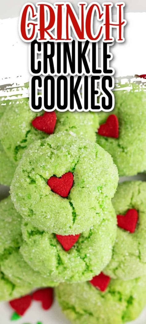 These Grinch crinkle cookies are a delicious soft, minty cookies that are perfect for the holiday season! Whether you're watching your favorite holiday movie, having a Christmas party or cookie exchange these cookies are always a hit! Grinch Crinkle Cookies, Grinch Christmas Cookies, Grinch Cookies Recipe, Recipe Christmas Cookies, Grinch Cookies, Crinkle Cookies Recipe, Christmas Cookie Recipe, Easy Christmas Cookie Recipes, Cookie Christmas