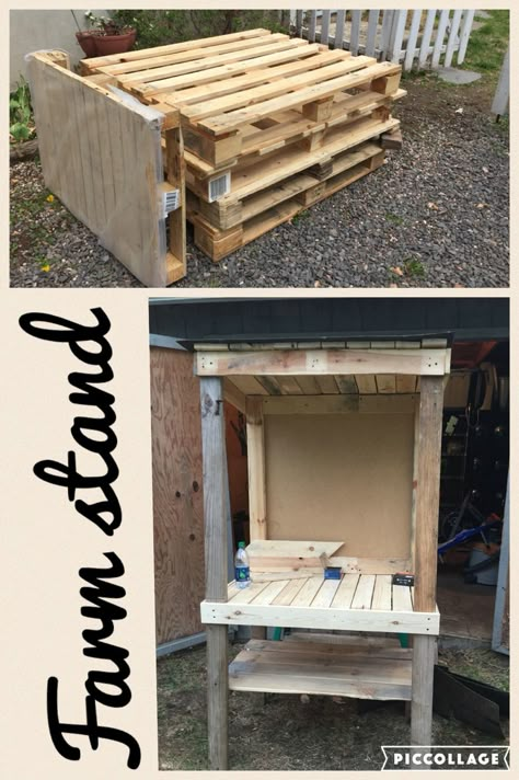 Pallet wood farm stand Farm Stand Made From Pallets, Farm Stand Signs Diy, Diy Roadside Egg Stand, Farm Stand From Pallets, Farm Stand With Cooler, Pallet Vegetable Stand, Homemade Farm Stand, Pallet Produce Stand, Diy Road Side Stand