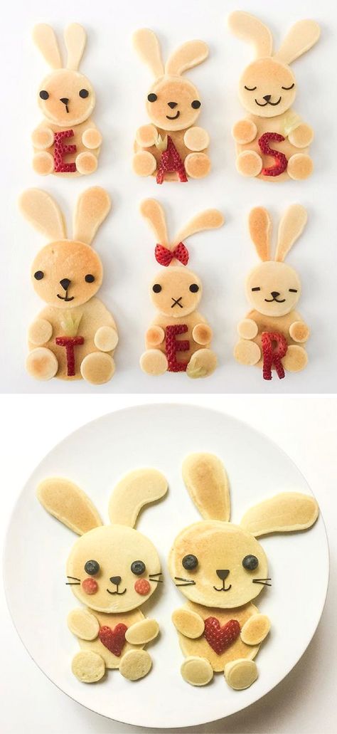 Fun Easter Food Ideas for Kids | Creative Easter themed recipes to make for your children for Breakfast (bunny pancakes!), Brunch, Lunch or a Healthy Snack. Plus, sweet treats and desserts that are perfect for your child's school class party or just for fun - super cute yet easy including cakes, bark, brownies, peeps, bunnies, lambs, mini eggs, rice krispies and more! Head to whatmomslove.com for all the recipes. Fun Easter Food, Easter Themed Recipes, Easter Pancakes, Påskeaktiviteter For Barn, Easter Food Ideas, Bunny Pancakes, Food Ideas For Kids, Easter Fun Food, Themed Recipes