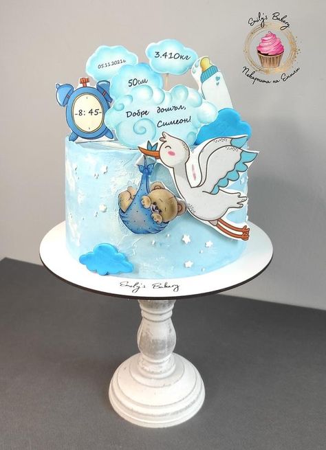 Baby Welcome Cake, Welcome Baby Boy Cake, Welcome Baby Cake, Baby Cake Design, Stork Cake, Cake Decorating Tutorials Videos, Birth Cakes, Baby Boy Cake Topper, Baby Boy Cookies