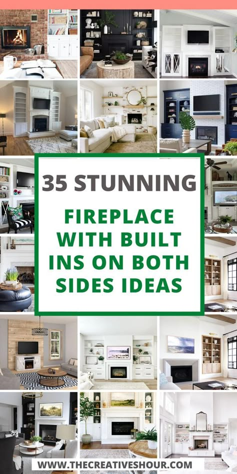 Elevate your space with the timeless charm of a fireplace flanked by built-ins on both sides, harmonizing seamlessly with vaulted ceilings or embracing the rustic allure of farmhouse aesthetics. Incorporate windows for an abundance of natural light or infuse craftsman style for an architectural statement. DIY enthusiasts can channel their creativity while curated decor transforms built-ins into elegant showcases. Tv Over Fireplace With Built Ins, Style Built Ins Around Fireplace, Build In Shelves Living Room With Fireplace, Shelving Ideas For Living Room Around Tv And Fireplace, Shelving Around Fireplace With Tv, Built In Ideas Around Fireplace, Built In Bookcases Around Fireplace Living Room, Build Ins Around Fireplace, Shelves On Both Sides Of Fireplace