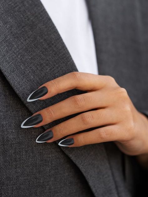 Colorblock French Tip Nails, Black Nail White French Tip, Black With White French Tip Nails, Black Nails White French Tip, Black Nails With White French, Black Nails With White French Tip, White Nails Black Tips, Black Nails With French Tip, Black France Nails