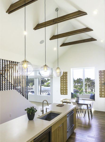 Beam Ceiling Lighting, Mandy Cheng, Vaulted Kitchen, Neighborhood Ideas, Concrete Worktop, Vaulted Ceiling Beams, Pocket Neighborhood, Lodge Lighting, Beams Living Room