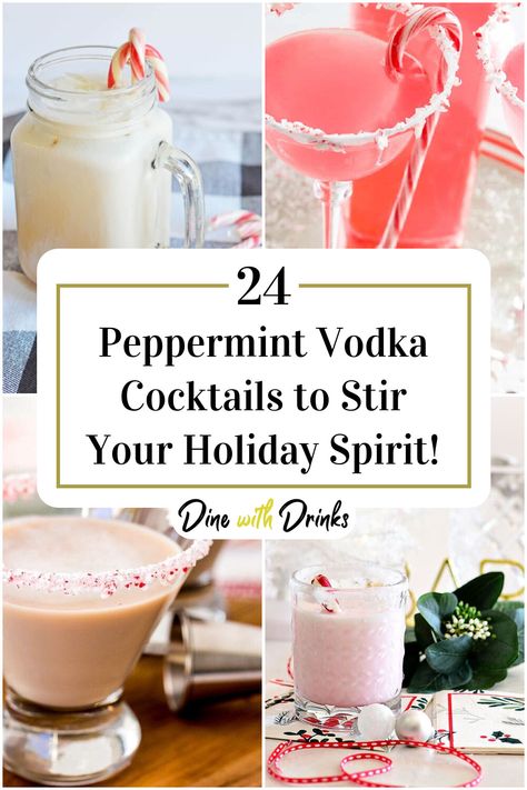 Collage of 4 peppermint vodka cocktails. Peppermint Martini Vodka, Pepermint Vodka Cocktails, Christmas Drinks With Peppermint Vodka, Peppermint Infused Vodka, Peppermint Rimmed Drinks, Peppermint Eggnog Cocktail, Peppermint Liquor Recipes, Peppermint Baileys Christmas Cocktail, Smirnoff Peppermint Vodka Recipes