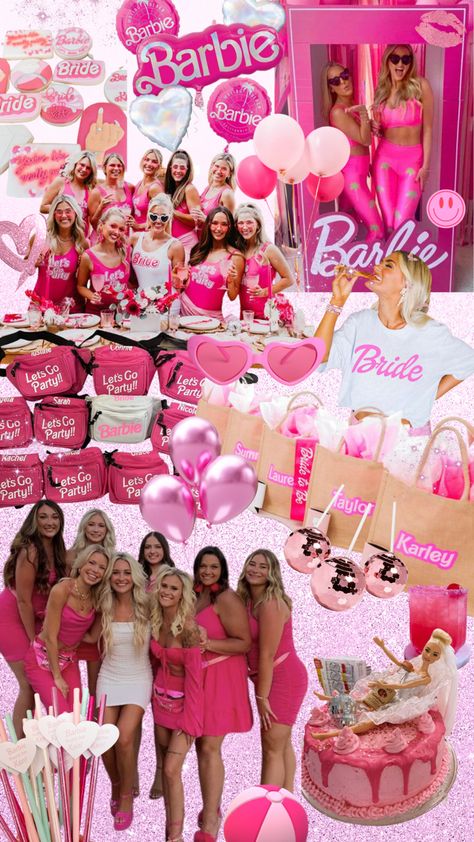 Barbie pink bachelorette party theme with outfits and decor inspo Paris Hilton Bachelorette Party, Barbie Party Theme Outfit, Barbie Cowgirl Bachelorette, Pink Barbie Bachelorette Party, Come On Barbie Let’s Go Party Bachelorette, Pink Ladies Bachelorette Party, Barbie Themed Hens Party, Barbie Bachelorette Outfit, Hens Pink Theme