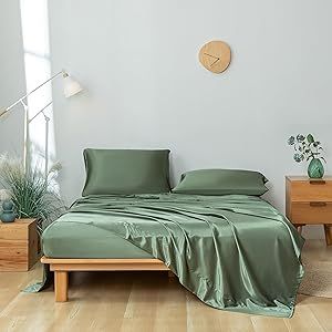 Bedroom Decor Green Queen, Green Bedding, Green Satin, Queen Size, Fitted Sheet, Moisture Wicking, Elastic, Green, Design