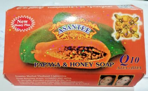 Asantee Thai Herbal Papaya + Honey Soap  with Q10, AHA, BHA Skin Whitening 125g Condition : new Quantity : 1 bar Size : 125 grams  Direction: Apply on wet face and body, then rinse. Use twice daily. This luxurious handmade soap is enriched with papaya extract, Q10 antioxidant, AHA collagen and honey. Papaya extract has been used in Asia for centuries to lighten and soften the skin. The papaya and honey scent is so good, you may want to eat it. Skin whitening and softening papaya extract Anti-Agi Herbal Honey, Soap Scrub, Papaya Soap, Honey Scent, Body Whitening, Papaya Extract, Skin White, Honey Soap, Aha Bha