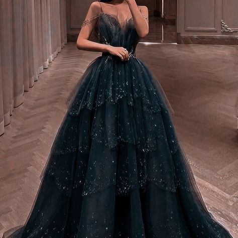 Navy Blue Dress Ball Gown, Bookish Prom Dress, Emerland Green Dress Prom, Masquerade Dresses Long, Flowy Long Dress Gowns, Midnight Garden Theme Prom Dresses, Fantasy Themed Prom Dress, Masquerade Prom Dress Blue, Navy Princess Dress