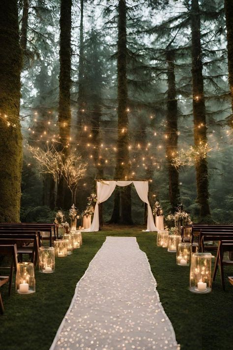 Woodsy Wedding Altar, Rustic Wedding Venues Outdoor, Enchanted Backyard Wedding, Twilight Aesthetic Wedding, Outdoor Wedding Color Schemes, Moonlit Wedding, Small Forest Wedding, Single Pringle, 2026 Wedding