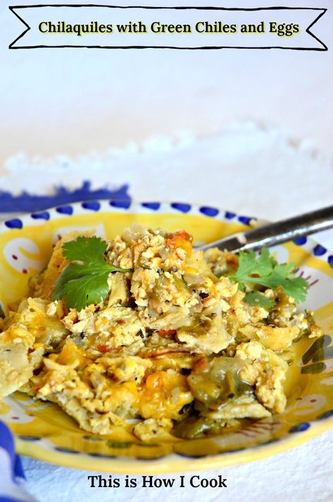 Chilaquiles with eggs is traditional Mexican comfort food. Served at breakfast and brunch, (though Manservant would eat this anytime) it is a mixture of fried corn tortillas simmered in a thick red or green sauce. #chilaquiles #Mexicanfood #brunchrecipes #greenchiles #eggrecipes Fried Corn Tortillas And Eggs, Egg And Corn Tortilla Breakfast, Eggs And Corn Tortillas, Green Chilaquiles Recipe, Chilaquiles With Eggs, Breakfast Chilaquiles, Migas Recipe, Fried Corn Tortillas, Chilaquiles Recipe