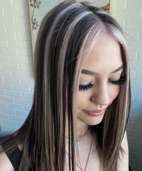 Hair by @209stylesbysara #chunkyhighlights | Instagram Chunky Purple Highlights On Dark Hair, Dark Brown Hair With Thick Blonde Highlights, Edgy Highlights, Highlights Styles, College Hair, Icy Blonde Highlights, Chunky Blonde Highlights, Skunk Hair, Blonde Highlights On Dark Hair