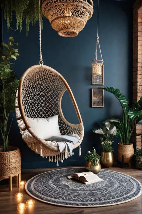 Whimsical reading corner with macrame chair Reading Room With Plants, Colorful Reading Corner, Chic Reading Nook, Boho Reading Nook, Bedroom Reading Corner, Reading Room Design, Cozy Reading Chair, Bohemian Chair, Bedroom Reading Chair