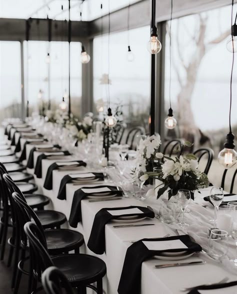 Black White Gala Decorations, Elegant Black Table Decor, White Tablecloth With Black Runner, Black And White Wedding Linens, Wedding Black Napkins, Black Napkins Wedding Place Settings, Black Runner Wedding, White Table Cloth Black Napkins Wedding, Black And White Table Decor Wedding