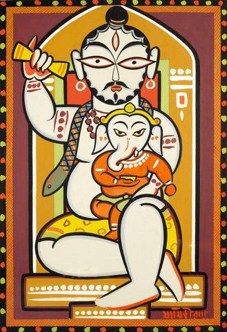 Shiv Ganesh, Kulo Painting, Jamini Roy Paintings, Bengal Art, Jamini Roy, Worli Painting, Bengali Art, African Art Paintings, Pichwai Paintings