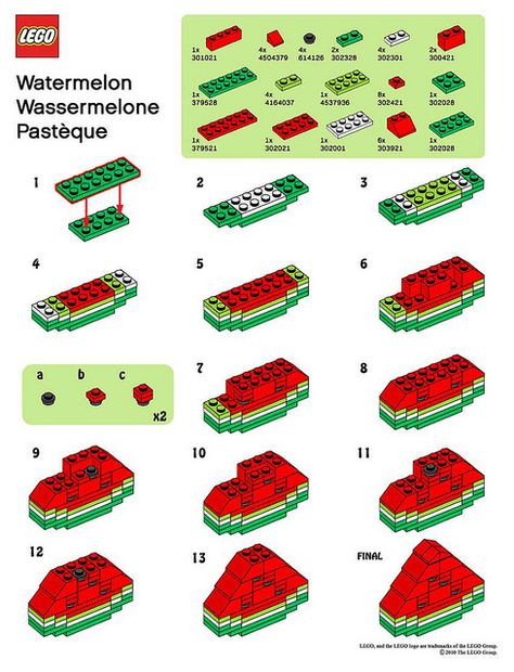 LEGO Store MMMB - July '10 (Watermelon) Instructions by TooMuchDew, via Flickr Lego Ideas To Build Easy, Lego Diy Crafts, Lego Food, Easy Lego Creations, Lego Challenge, Lego Building Instructions, Construction Lego, Lego Christmas, Lego Diy