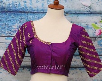 Purple bridal saree maggam blouse | Etsy IN Purple Saree Blouse, Blouse Maggam Work, Saree With Belt, Maggam Work Blouse, Purple Saree, Indian Saree Blouse, Ladies Blouse Designs, Maggam Work Blouses, Maggam Work Blouse Designs