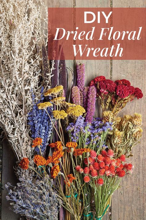 Learn how to create your own beautiful dried floral wreath with our how-to video with a professional florist! Making Dried Flower Wreath, Dried Flower Wreaths Diy, Dried Amaranth Wreath, Diy Dried Flower Wreath, Amaranth Wreath, Dried Floral Wreath, Diy Wall Planter, Dried Floral Wreaths, Succulent Wall Planter