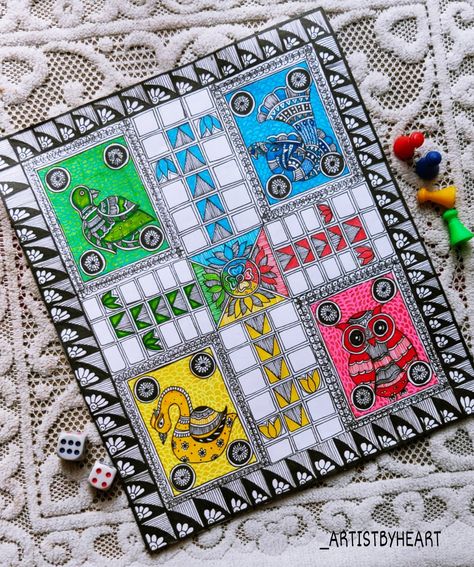 This attractive Ludo ( board game) is made in madhubani style of indian folk art, it is also known as mithila painting. This is made on a art paper and available for sales and prints ( For queries visit my Instagram DM to know the details) Visit link now!! Madhubani Ludo Board, Mithila Art Design, Indian Cultural Art, Mithila Painting Indian Folk Art, Mithila Painting Design, Madhubani Art Design Indian Paintings, Ludo Drawing, Mood Boards Painting, Madhubani Drawing Indian Paintings