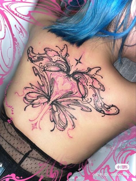 "Ethereal Elegance: The Intricate Beauty of Butterfly Tattoo Designs" Tatoos Black Woman Back, Women Goth Tattoos, Kawaii Back Tattoo, Cute Dark Tattoos, Kawaii Goth Tattoo, Punk Pink Aesthetic, Black And Pink Tattoo, Goth Back Tattoo, Egirl Tattoos