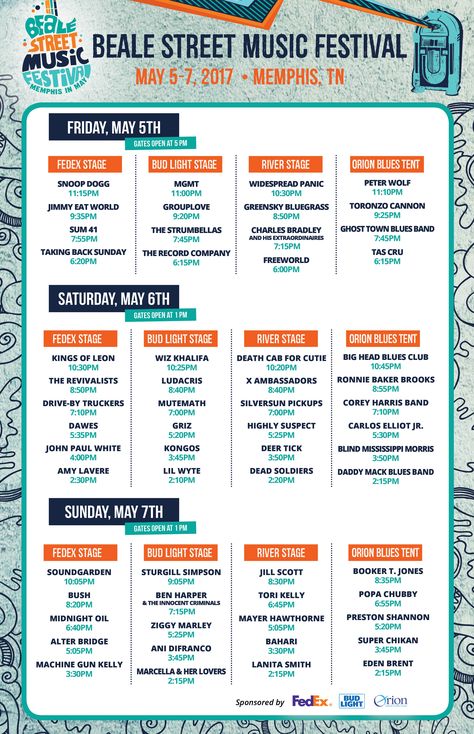 Schedule - Memphis in May International Festival Event Schedule Design, Beale Street Music Festival, Jimmy Eat World, Social Media Content Strategy, Street Music, Its 2017, Festival Guide, Beale Street, Name Card Design