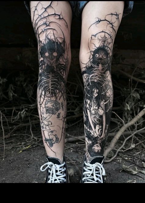 Dark tattoo Dark Feminine Tattoos, Feminine Skull Tattoos, Feminine Tattoo Sleeves, Wicked Tattoos, Scary Tattoos, Creepy Tattoos, Gothic Tattoo, Gaming Tattoo, Dark Feminine