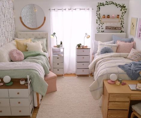 Dorm Room Designs 2 Beds, Csu Dorm Room Ideas, Room Inspo With Full Size Bed, Dorm Room Ideas Sage Green And Pink, Pink Boho Dorm Room Ideas, Small Room With 2 Beds Ideas, Urban Outfitters College Dorm, Small Dorm Room Layout Double, Simple Dorm Aesthetic