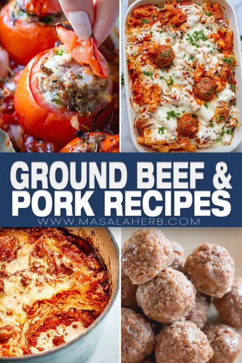 A collection of recipes prepared with ground beef and pork. Both meats together compliment each other. Your meat will be juicier and more flavorful. Here are my favorite recipes that I pass on to you. www.MasalaHerb.com Ground Pork Ground Beef Recipes, Beef Pork Recipes, Ground Pork Beef Recipes, Mixed Ground Beef And Pork Recipes, Ground Turkey And Pork Recipes, Ground Beef And Pork Recipes Main Dishes, Minced Beef And Pork Recipes, Ground Beef Pork Recipes, Things To Make With Ground Pork