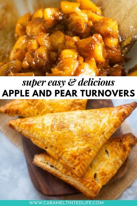 Apple and pear turnover recipe made with puff pastry! This easy recipe for apple and pear turnovers is made from puff pastry and cinnamon-spiced apples and pear filling. Perfect for Thanksgiving #homemade #filling #cinnamon #Thanksgiving #pear #autumn #apple Pear Pop Tarts, Mini Pear Pies Puff Pastries, Apple And Pear Recipes Healthy, Pears And Puff Pastry, Pear And Puff Pastry Recipe, Puff Pastry With Pears, Pear Turnovers Puff Pastries, Puff Pastry Pear Tart, Pear Puff Pastry Recipes