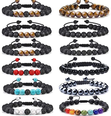 PRICES MAY VARY. Mens Lava Beads Bracelets Set - 12pcs mens lava rock bead bracelets in one set, contains lava rock bracelet, black onyx bracelet, 7 chakra,tiger eye bracelet and so on, lava rocks stone are porous making them perfect for absorbing and diffusing essential oils. various styles match your everyday need. Quality Material - 8mm high-quality stone beads and elastic string, are comfortable and last longer. bracelets beads are not easy to fade for a long time, classic mens style beaded Men’s Bead Bracelets, Guys Bracelets, Beads Bracelets For Men, Yoga Bracelet Beads, Men Stone Bracelet, Mens Braces, Mens Bracelet Designs, Yoga Beads, Cowboy Stuff