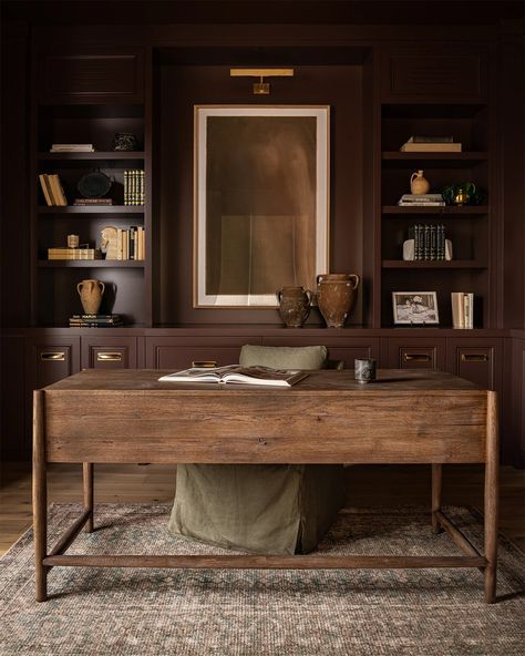 dark-and-moody-home-office-2 Brown Shelves Living Room, Dark Brown Built Ins, Moody Built Ins, Dark Moody Office Home Office, Dark Brown Interior Design, Built In Office Desk And Cabinets, Dark Moody Office, Dark Brown Office, Decorating With Brown