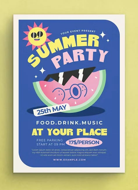 Summer Party Flyer Template AI, PSD Cute Event Poster, Summer Party Graphic Design, Summer Party Poster Design, Flyer Poster Design, Event Flyer Design Layout, Design Flyer Inspiration, Summer Graphic Design, Event Poster Inspiration, Summer Party Poster