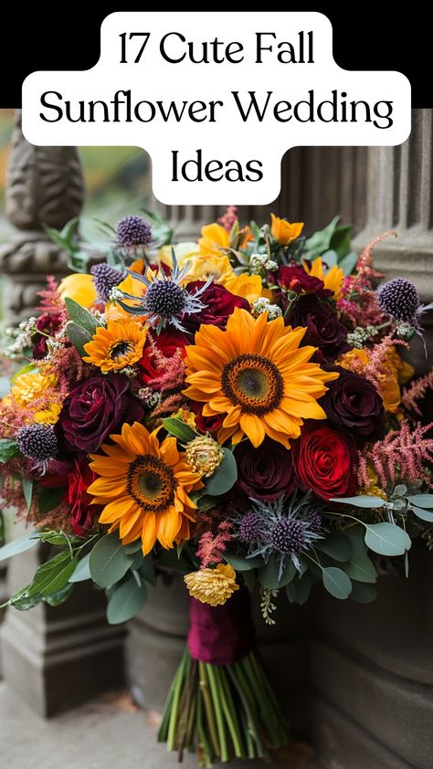 A vibrant fall wedding bouquet featuring bright sunflowers mixed with autumn-colored flowers and greenery. Wedding Colors Fall Sunflowers, Wedding Flower Arrangements Fall Sunflower, November Wild Flowers, Sunflower Wedding Bouquet Rustic Fall, October Sunflower Wedding, September Mountain Wedding, Red And Sunflower Wedding, Wedding Autumn Ideas, Sun Flowers Bouquet