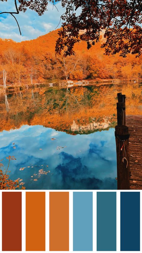 Blue And Orange Autumn Aesthetic, Blue And Orange Colour Scheme, Living Room Blue Orange, Colour Palette Blue Orange, Blue Orange Gold Color Palette, Colour Palette With Orange, Blue And Burnt Orange, Orange And Light Blue Bedroom, Complementary Colors Palette