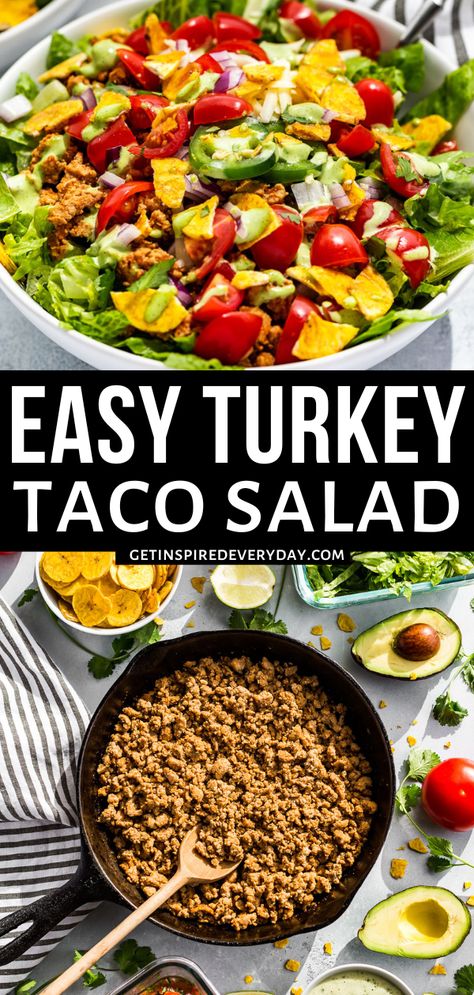 Easy to make and packed with protein and veggies, this Turkey Taco Salad is a meal the whole family will love. It’s gluten-free and can be dairy-free and paleo as well. Crunchy romaine is topped with juicy tomatoes, fresh cilantro, and onion and it all comes together with lean turkey taco meat and a creamy cilantro dressing. From there we’ll add some crunchy plantain or corn chips plus some extra goodies that take this salad right over the top. Ground Turkey Taco Salad, Dairy Free Dressing, Creamy Cilantro Dressing, Turkey Taco Salad, Gluten Free Tacos, Ground Turkey Tacos, Turkey Taco, Cilantro Dressing, Taco Salads