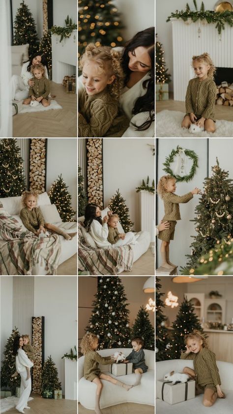 Moody Christmas Family Photos, Formal Christmas Photos, Christmas Pajama Mini Sessions, H&m Christmas Outfit, Family Christmas Pictures Neutral Colors, Sibling Photoshoot Ideas Older Funny, At Home Christmas Photos, Christmas Photoshoot Indoor, In Home Christmas Photoshoot Family