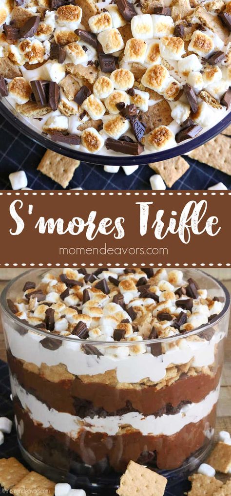 S’more Trifle, Layered Fall Desserts, Smore Trifle Desserts, Truffle Layer Dessert, Smores Trifle Recipe, Triffle Desserts Brownie, Chocolate Cake Trifle Desserts, Nut Free Desserts For A Crowd, S’mores Trifle