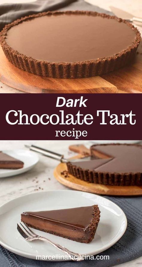 This dark Chocolate Tart recipe is a perfect dessert for chocolate lovers. The simple no-bake crust is filled with a decadent and rich chocolate filling and topped with a shiny layer of chocolate ganache. A recipe that is easy to adapt for a gluten free dessert. #easy #dessert #recipe #bittersweet #chocolate #ganache #Valentinesday #newyearseve #glutenfree Dark Chocolate Tart, Chocolate Tart Recipe, Chocolate Tarts, Tart Pie, Chocolate Almond Cake, Chocolate Tarts Recipe, Chocolate Ganache Tart, Cupcakes Filled, Chocolate Crumbs