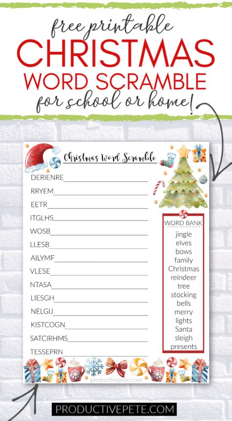 This free printable Christmas Word Scramble worksheet for kids is perfect to use as a classroom party game or as a fun holiday activity at home. It's a quiet time activity with a little festive flair provided by the watercolor graphics. Print it out today and have an easy Christmas activity for kids! #christmas #printables #christmasprintables #printablesforkids #activitiesforkids #teaching Christmas Word Search Free Printable For Kids, Christmas Word Scramble Free Printable, Esl Christmas Activities, Printable Christmas Games For Kids, Free Printable Christmas Worksheets, Word Scramble For Kids, Classroom Party Games, Christmas Word Scramble, Seasons Worksheets