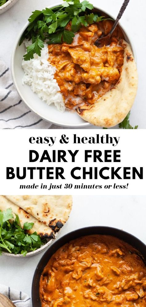 This easy and delicious Indian inspired butter chicken recipe is healthy, made dairy free with coconut milk and cashews (and gluten free too!). A healthy version of a comfort food fave, this paleo-friendly recipe can be made on the stovetop or in the slow cooker! Dairy Free Butter Chicken, Slow Cooker Healthy, Dairy Free Butter, Dairy Free Cooking, Dairy Free Recipes Dinner, Dairy Free Dinner, Butter Chicken Recipe, Gluten Free Dairy Free Recipes, Healthy Dinner Recipes Chicken