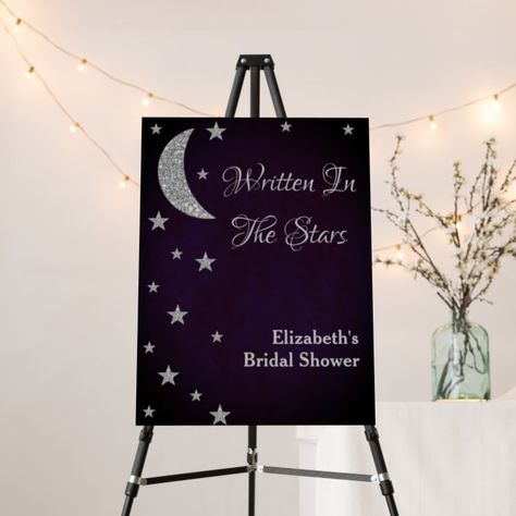 Written in the stars bridal shower. Silver moon and stars against a dark midnight purple background #ad Star Bridal Shower Theme, To The Moon And Back Bridal Shower Ideas, Starry Night Bridal Shower Ideas, Written In The Stars Bridal Shower Theme, Bridal Shower Quotes, Midnight Purple, Shower Foam, Written In The Stars, In The Stars