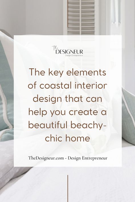 Coastal interior design is all about bringing the seaside inside your home. It’s a style that’s light, airy, and refreshing, with a focus on natural elements and watery hues. Here are some key elements of coastal interior design that can help you create a beautiful beachy-chic home. Coastal Chic Interior Design Living Room, Beach Coastal Interior Design, California Coastal Interior Design, Coastal Interior Design Style, Coastal Luxe Interiors, Coastal Home Design, Design Style Guide, Modern Coastal Interior Design, Sophisticated Coastal