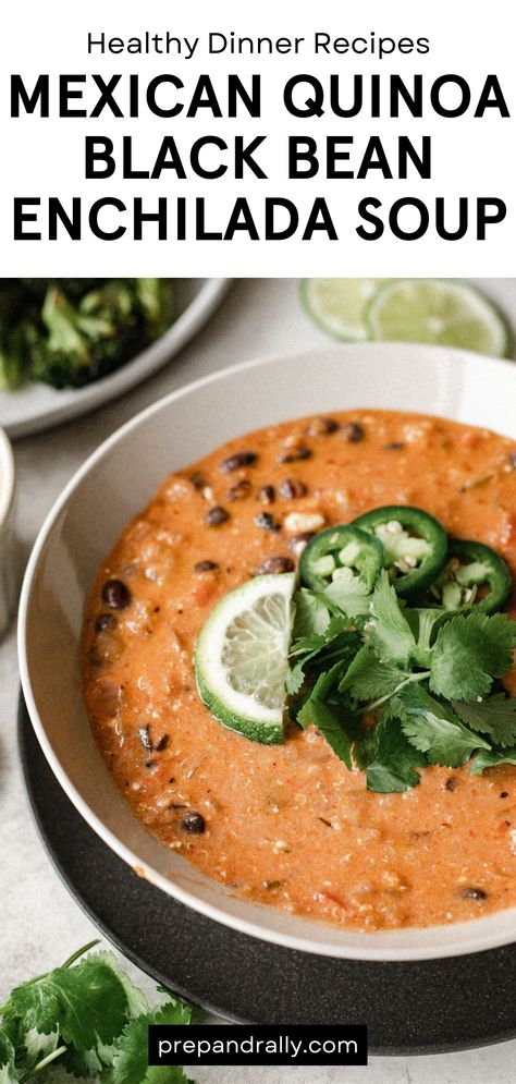 Craving a flavorful and healthy meal? Look no further than this Mexican Quinoa Black Bean Enchilada Soup! With its rich blend of spices, protein-packed quinoa, and fiber-filled black beans, it's a satisfying option for any occasion. Serve with your favorite toppings and enjoy the deliciousness! Black Bean Quinoa Bowl, Mexican Quinoa, Black Bean Enchiladas, Quinoa Soup, Black Bean Quinoa, Bean Enchiladas, Enchilada Soup, Quinoa Healthy, Fire Roasted Tomatoes