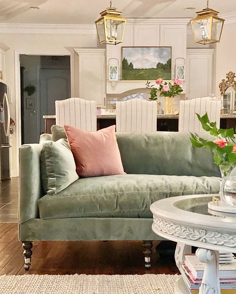 Light Green Sofa Decor, Vintage Style Sofa, Seafoam Green Couch Living Room Ideas, French Blue Velvet Sofa, Best Family Sofa Living Rooms, Living Room With Green Velvet Sofa, French Country Sectional Sofa, Velvet Lounge Room, Living Rooms With Green Velvet Sofas